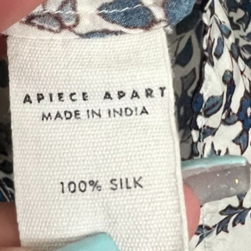 Apiece Apart Sez Pinktuck Silk Floral Print Long Sleeve Blouse White and Blue - Picture 7 of 9